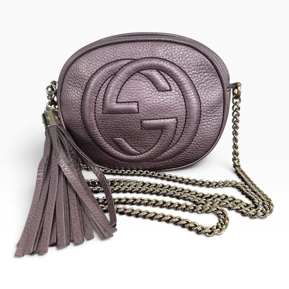 Gucci Soho Disco Crossbody Bag Womens Small Purple Leather Tassel Chain Italy